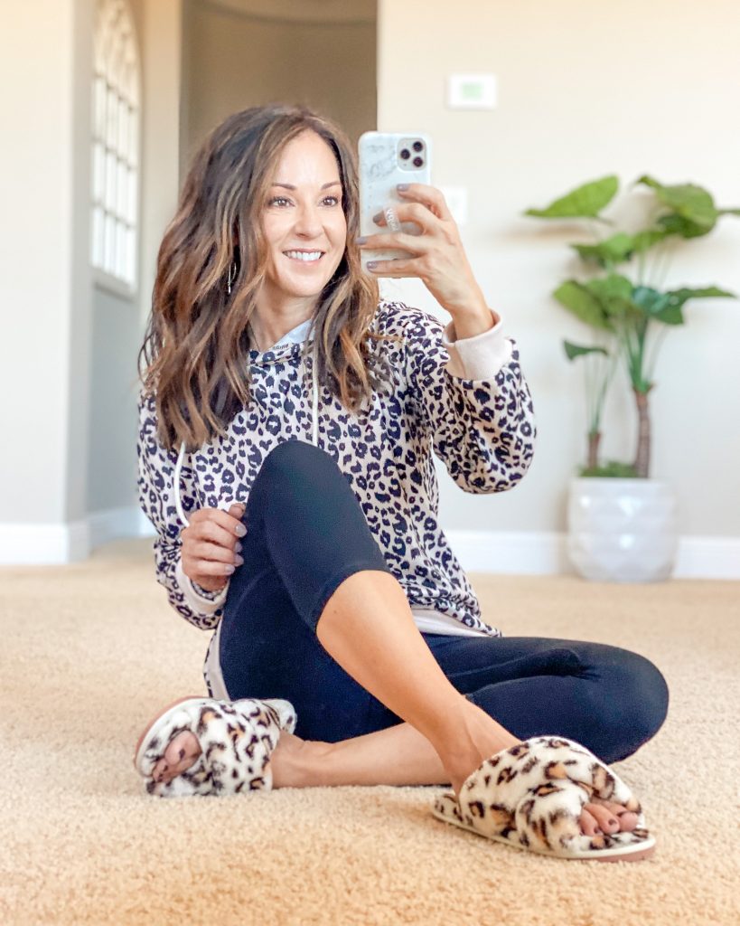everyday loungewear style from Amazon.  leopard sweatshirt, leggings and leopard slippers