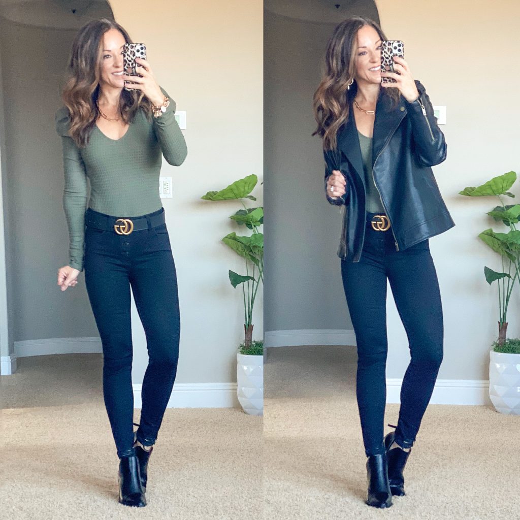affordable fall style // date night style // bodysuit // faux leather moto jacket