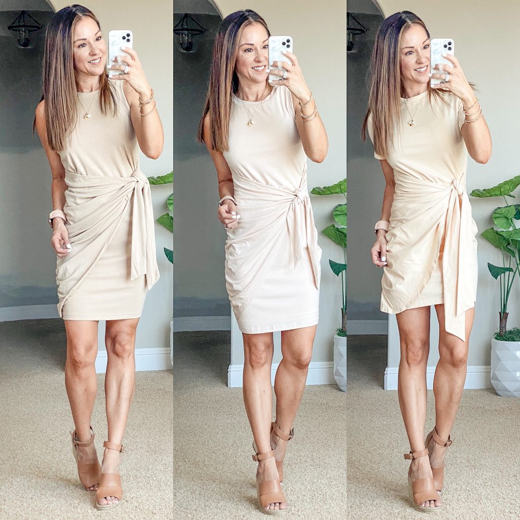 Affordable Neutral summer dresses for petite over 40, bodycon, ruched dress, tie front dress