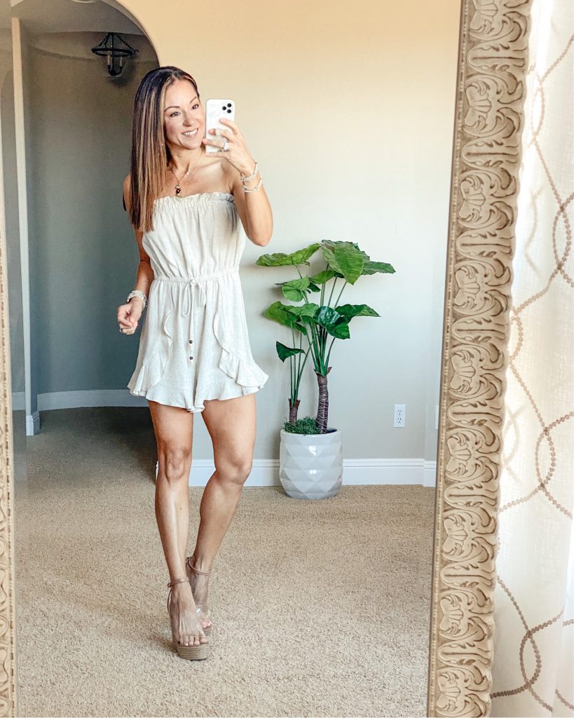 Summer romper - petite over 40 style - wine tasting outfit - brunch outfit - summer style - Pink Lily - summer wedges = clear wedges