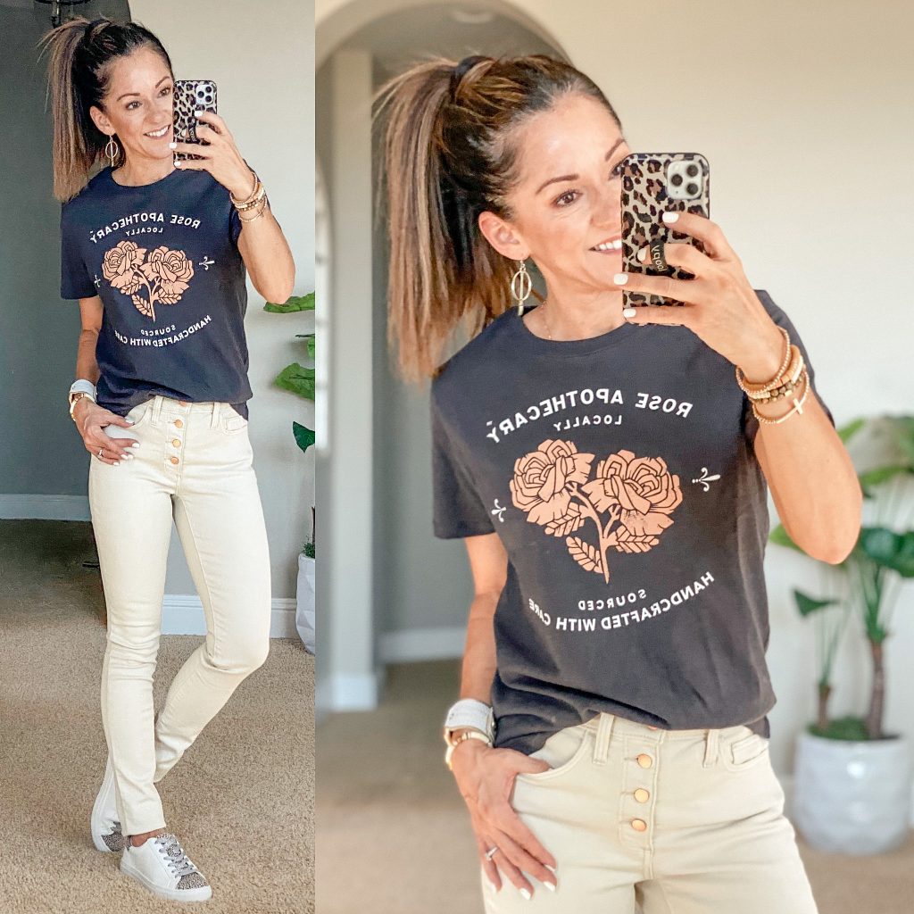 schitt's creek graphic tee, target fall fashion, skinny jeans, neutral style
