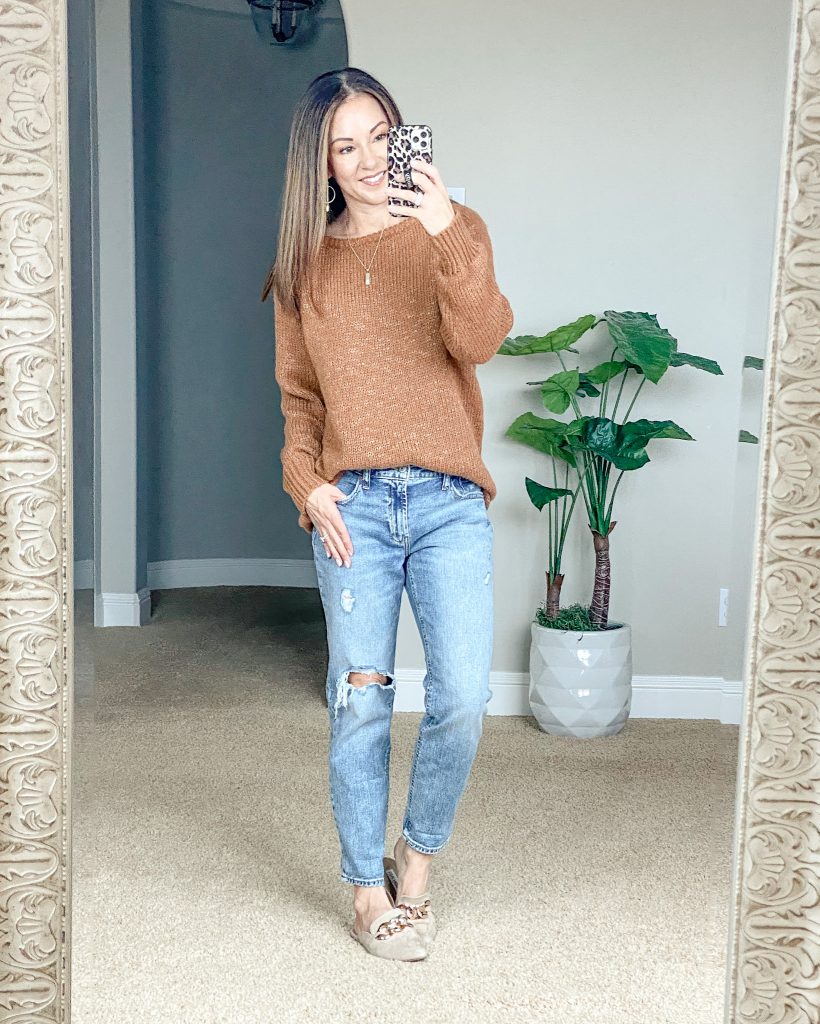 fall sweater, jeans, mules