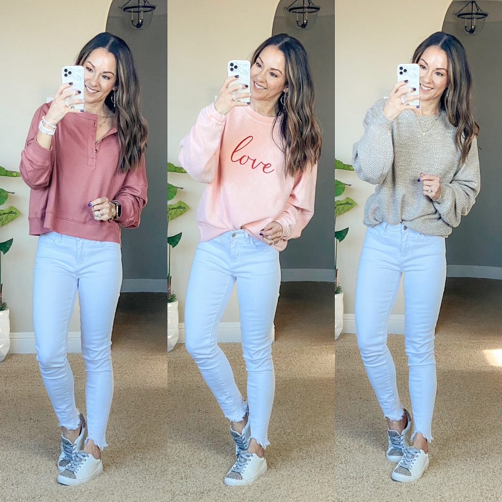 Spring style outfit ideas petite over fashion, love sweatshirt, cardigan, acid-wash Jeans