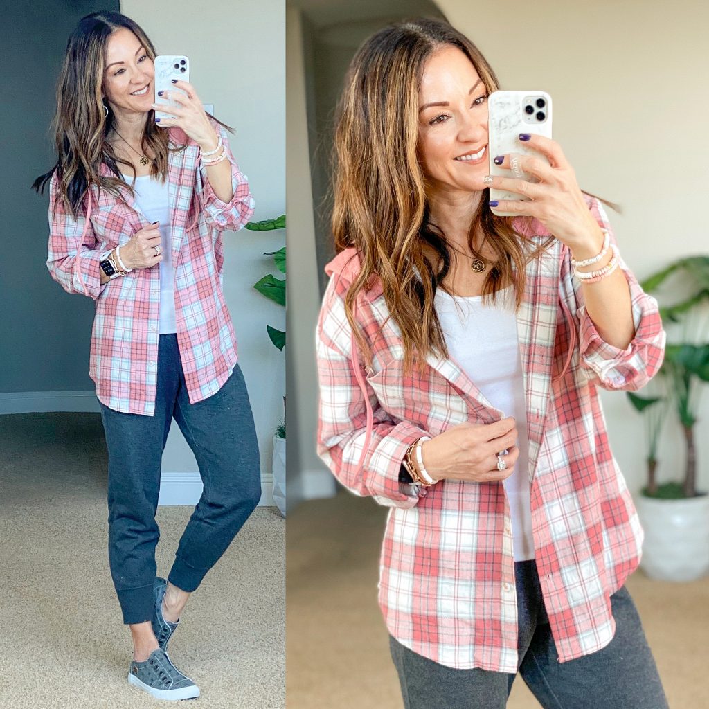 Amazon fashion plaid button down hoodie with cropped joggers and sneakers