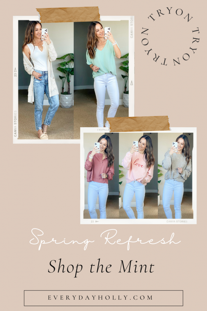 Spring style outfit ideas petite over fashion sage green, cardigan, acid-wash Jeans