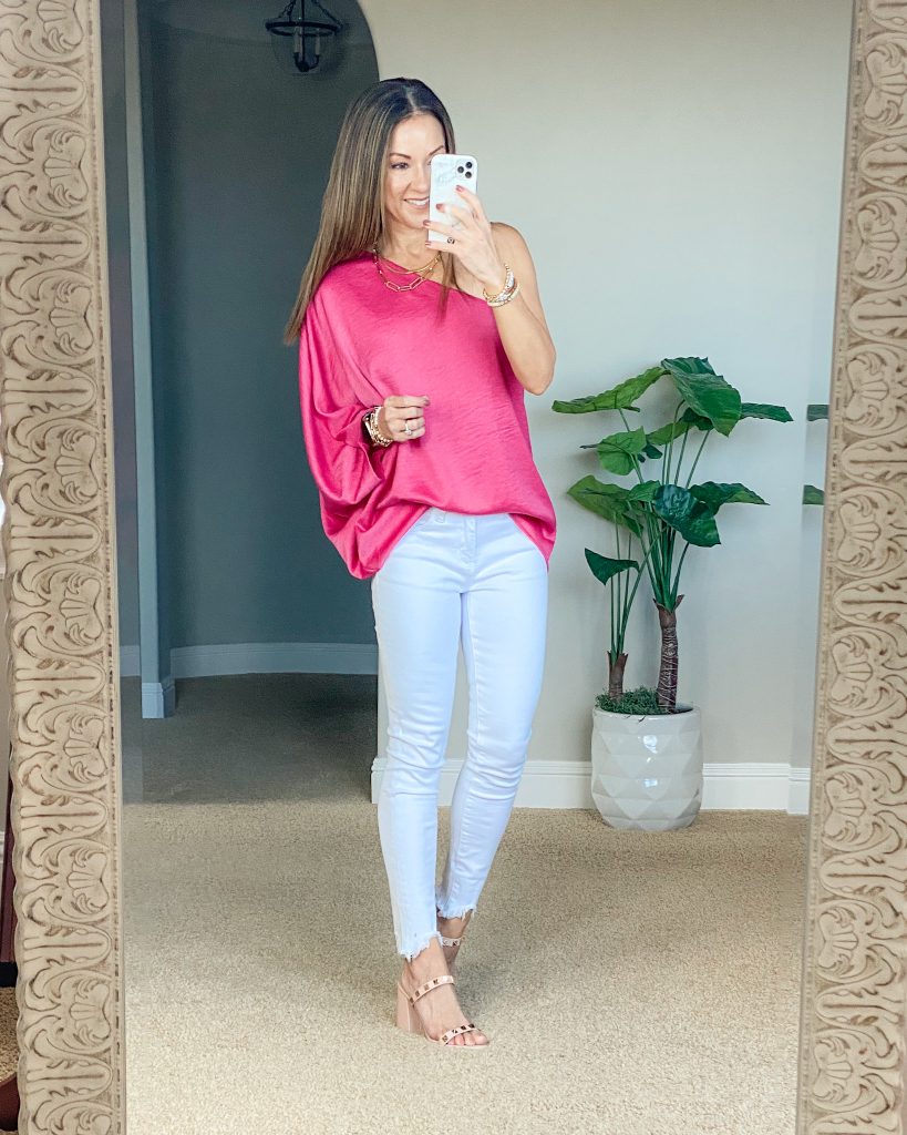 Spring and summer date night top one shoulder, white skinny jeans, heels 
